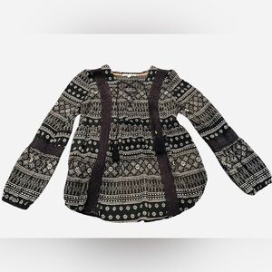 hint of mint Black and White Boho Printed Peasant Blouse